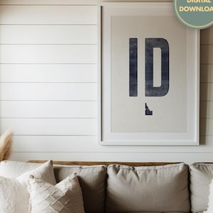 Descarga de póster del estado de Idaho, grabado en madera de estilo vintage desgastado de Idaho, decoración con abreviaturas de identificación, arte de contorno de Idaho, impresión del oeste en azul marino