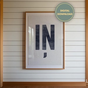 Indiana Poster Download, Vintage Style Woodcut Wall Art, Navy IN Print, Decorative Digital Art, Western Decor, Indiana Abbreviation Artwork