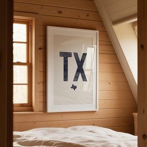 Impresión de póster de Texas, arte de pared con xilografía de estilo vintage, impresión azul marino de Texas, arte estatal, decoración del hogar occidental, obra de arte con la abreviatura de Texas, póster enrollado