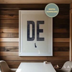 Póster del estado de Delaware, arte de pared desgastado de estilo vintage, impresión en xilografía DE, descarga digital de la abreviatura de Delaware, arte de pared para decoración del hogar