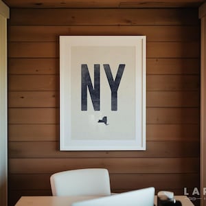 Impresión de póster del estado de Nueva York, arte mural xilográfico de estilo vintage, impresión azul marino de NY, decoración bohemia del suroeste, obra de arte con la abreviatura de NY, galería de pared