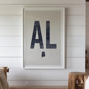 Affiche de l'État de l'Alabama, art mural de gravure sur bois de style vintage, affiche AL bleu marine, impression d'art décorative, décoration western, oeuvre d'art en abréviation de l'Alabama