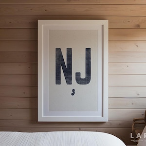 Impresión de póster del estado de Nueva Jersey, arte mural xilográfico de estilo vintage, arte decorativo envejecido, decoración del hogar de Nueva Jersey, ilustración con la abreviatura de Nueva Jersey