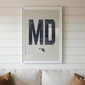 Impresión de póster del estado de Maryland, póster con la abreviatura de Maryland, arte mural de Maryland, arte vintage envejecido, decoración xilográfica, obra tipográfica