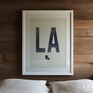 Impresión de póster del estado de Luisiana, póster con la abreviatura de LA, decoración de pared con el contorno del estado, póster vintage xilográfico enrollado, arte del estado de Luisiana