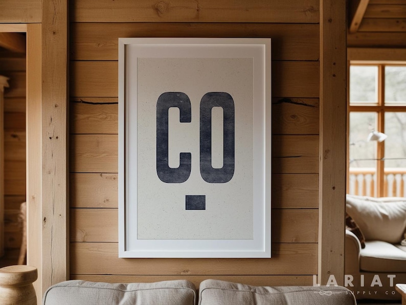 Puede incluir: Un estampado enmarcado con las letras "CO" en azul oscuro, con un estilo desgastado. La obra de arte est&aacute; sobre un fondo beige claro y enmarcada en un borde blanco. El estampado est&aacute; montado en una pared de madera.