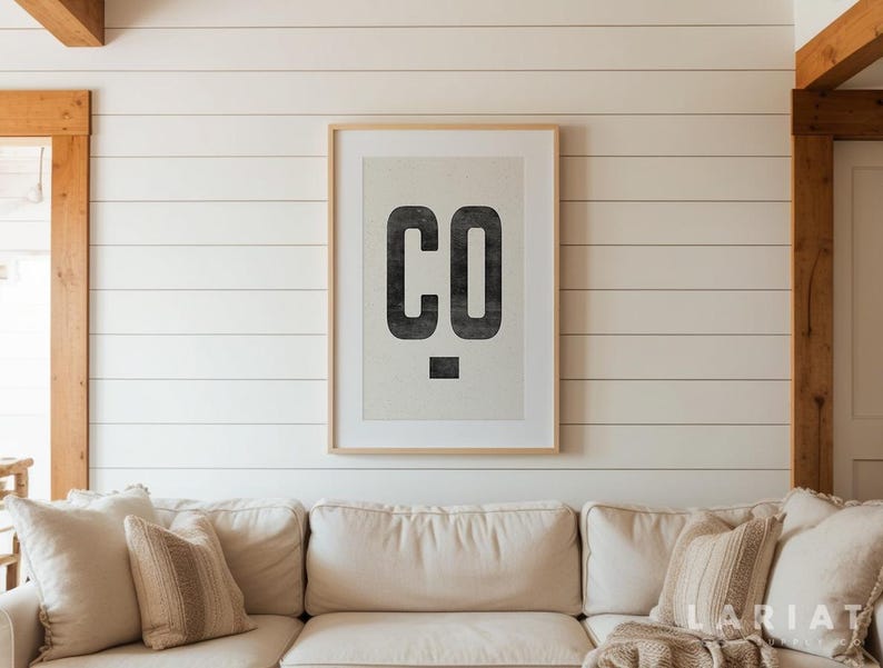 Puede incluir: Un estampado enmarcado con las letras "CO" en una fuente negra audaz y desgastada. La obra de arte se exhibe en una pared blanca de tablillas sobre un sof&aacute; color crema con cojines decorativos. La est&eacute;tica general es moderna y r&uacute;stica.