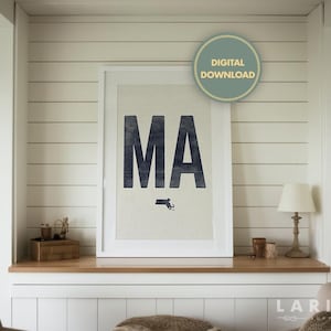 Téléchargement de l'affiche de l'État du Massachusetts, art mural MA, impression en détresse, abréviation de l'oeuvre d'État, impression décoration gravure sur bois, téléchargement numérique