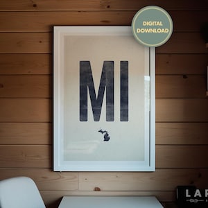 Descarga de póster del estado de Michigan, arte mural con la abreviatura MI, xilografía imprimible, impresión vintage, obra de Michigan, arte estatal envejecido