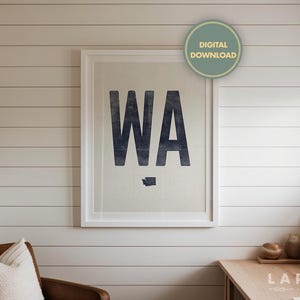 Téléchargement d'affiche de l'État de Washington, impression d'abréviation WA, oeuvre d'art de contour de Washington, téléchargement de Style de gravure sur bois, impression occidentale de Style vintage