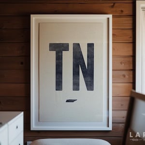 Impression d'affiche d'état du Tennessee, gravure sur bois d'art du Tennessee, affiche de typographie de style vintage, décoration murale abréviation TN, oeuvre d'art de carte d'état