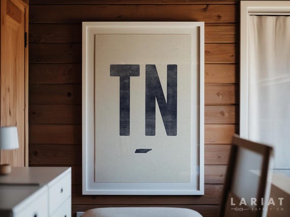 Tennessee State Poster Print, Woodcut Tennessee Art, Vintage Style Typography Poster, TN Abbreviation Wall Decor, State Map Artwork