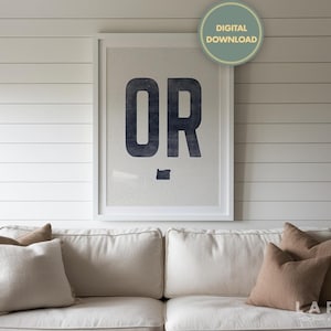 Téléchargement de l'affiche de l'État de l'Oregon ou impression d'État vintage, art des abréviations de la gravure sur bois, art mural en détresse, décoration minimaliste de l'État, art de la carte de l'Oregon