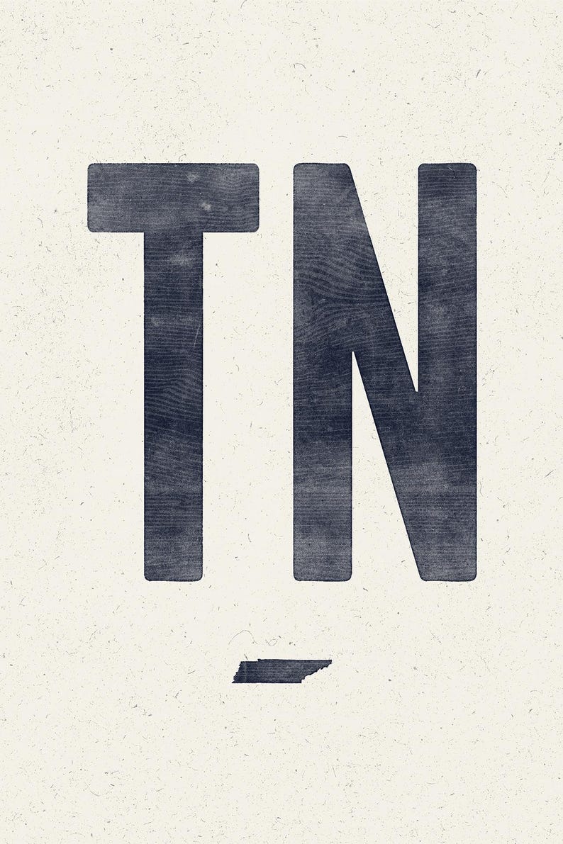 Stampa su poster dello Stato del Tennessee, xilografia del Tennessee, poster tipografico in stile vintage, decorazione murale con l'abbreviazione TN, mappa dello Stato immagine 5