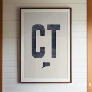 Impresión de póster de Connecticut, decoración de xilografía de estilo vintage, impresión de CT, arte estatal, decoración occidental, obra de arte con la abreviatura de Connecticut, póster enrollado