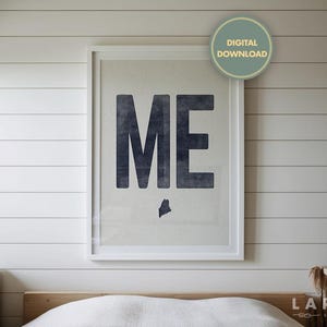 Descarga de póster del estado de Maine, impresión vintage de Maine, arte mural con la abreviatura de ME, descarga digital del esquema del estado, impresión tipográfica en azul marino y canela