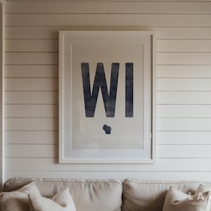 Impresión de póster del estado de Wisconsin, póster del estado de Wisconsin, arte de pared de estilo vintage, obra de arte desgastada de Wisconsin, póster enrollado con la abreviatura WI en xilografía