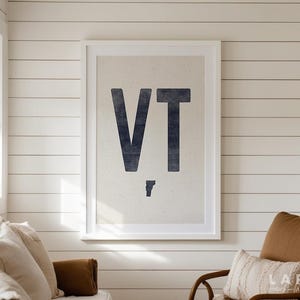 Impresión de póster del estado de Vermont, xilografía vintage de Vermont, impresión desgastada de Vermont, decoración con abreviatura de Vermont, tipografía del mapa del estado