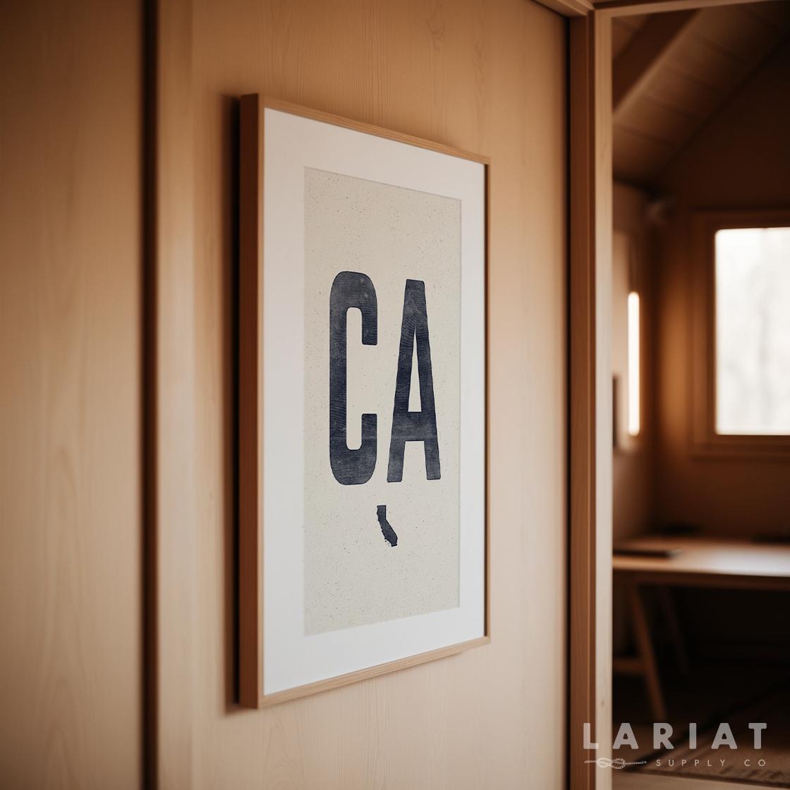 California Poster Print, Vintage Style Woodcut Decor, Navy CA Print ...
