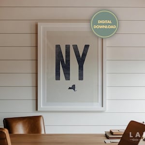 Descarga de póster del estado de Nueva York, arte mural xilográfico de estilo vintage, impresión azul marino de NY, decoración bohemia del suroeste, obra de arte con la abreviatura de NY, arte digital