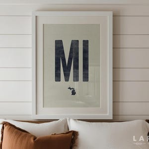 Impresión de póster del estado de Michigan, arte mural con la abreviatura MI, póster enrollado en xilografía, impresión de estilo vintage, obra de arte de Michigan, arte estatal envejecido