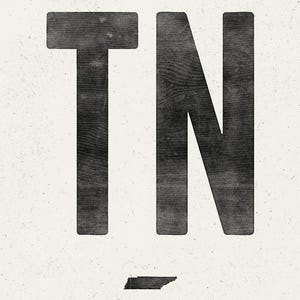 Pu&ograve; includere: Una stampa grafica che presenta le grandi lettere nere TN con una texture venata del legno. Sotto le lettere si trova una piccola silhouette nera solida dello stato del Tennessee, il tutto su uno sfondo testurizzato color bianco sporco.