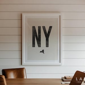 Póster del estado de Nueva York, impresión tipográfica desgastada, arte mural del estado de Nueva York, impresión de la abreviatura de NY, arte minimalista, contorno del estado en tinta negra