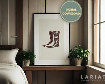 Cowboy Boots Poster, Distressed Woodcut Digital Print, Vintage Cowboy Art, Southwestern Wall Decor, Rustic Western Decor, Digital Download