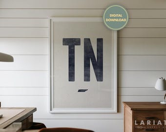 Tennessee State Print Download, Woodcut Tennessee Art, Vintage Style Typography Poster, TN Abbreviation Wall Decor, Digital State Artwork