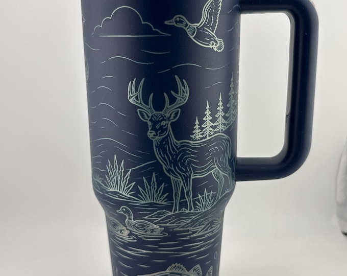 Laser Engraved Wildlife Tumbler | 40oz Hunting & Fishing Travel Mug | Deer, Duck and Bass Scene | Gift for Outdoorsmen