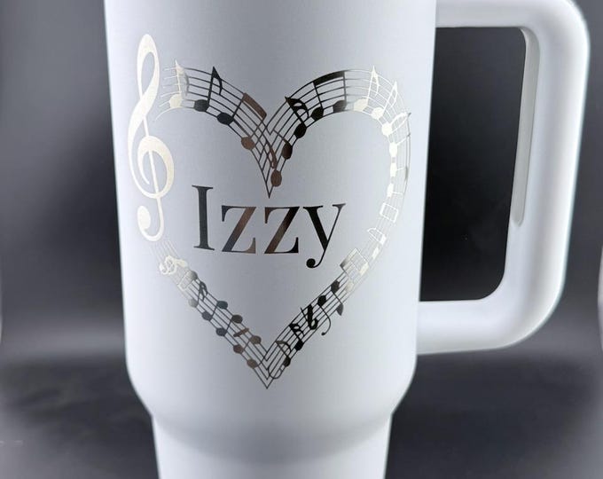 Personalized Music Note Heart Tumbler with Handle, Custom Name Insulated Travel Cup, Gift for Music Lovers