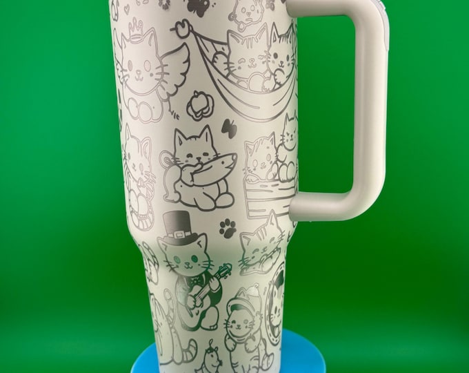 40oz Laser Engraved Cat Tumbler – Cute Kawaii Kitty Wrap – Insulated Travel Mug with Handle & Straw