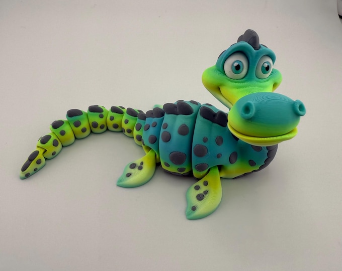 3D printed multicolored Loch Ness Monster - articulating with moving and positional head.