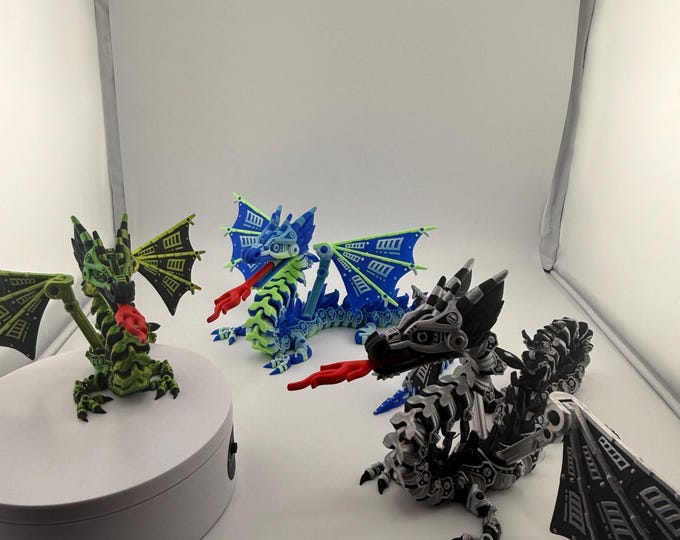 Multi-Color 3D Printed Articulating Winged Mechanical Sea Dragon with removable fire