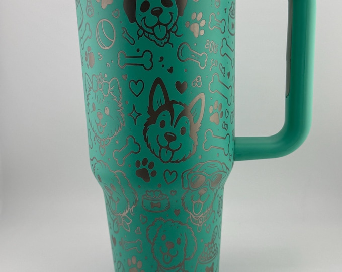 40oz Engraved Dog Lover Tumbler – Cute Puppy Wrap Design – Laser Engraved Travel Mug with Handle & Straw