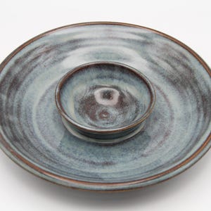 Handmade stoneware serving platter. Blue Glue glaze pottery. Rustic Center dip. Size: Small.