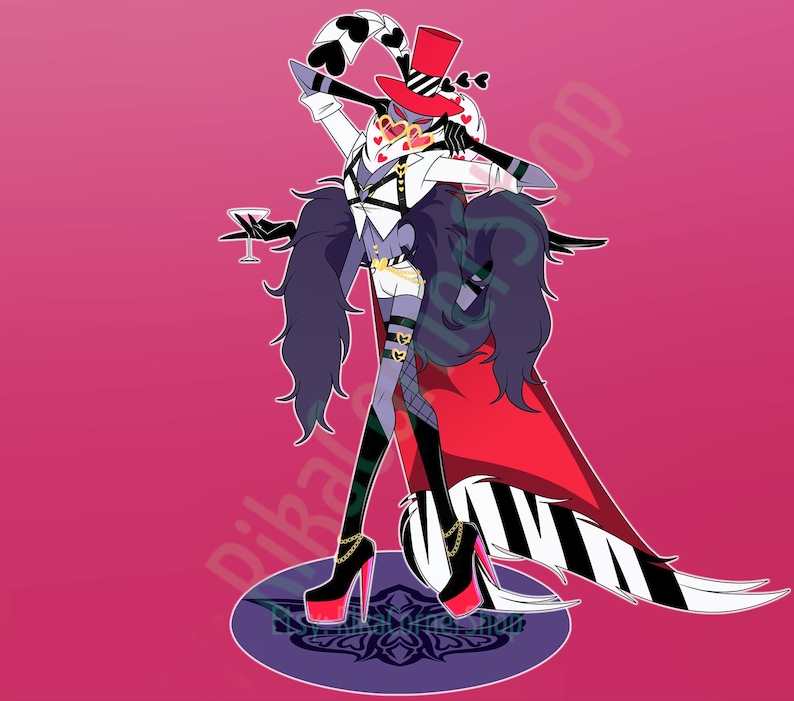 May include: A cartoon character with a black and white striped tail, red and white cape, and black boots. The character is wearing a black and white top hat with a red band and a red bow tie. The character is holding a martini glass in one hand and a black and white striped cane in the other hand.