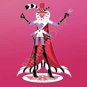 Może przedstawiać: Kreskówkowa postać w białym płaszczu, czerwonej pelerynie i czarnych butach. Postać ma głowę w kształcie serca z cylindrem i trzyma nożyczki. Tło jest w jednolitym różowym kolorze.