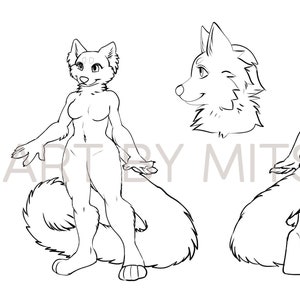 Hoja de referencia de arte peludo de panda rojo hembra: colorea el arte lineal de tu personaje Base adoptable: esquema de personaje de Anthro Fursona Furry Fandom