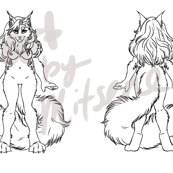 Furry Adoptable Base Download - Female fluffy cat anthro lineart color your own character - Feline girl fursona