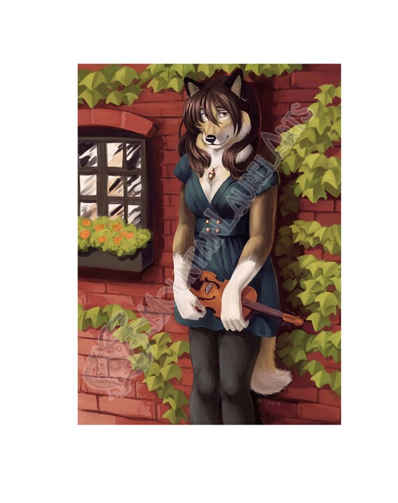 Shy Wolf Furry Art Original Furry Art Print Anthro Art Furry Wolf Girl With Violin Digital Print