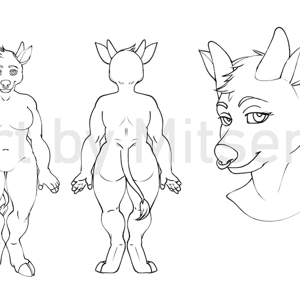 Furry Download Reference Sheet - Cow Lineart Adoptable Base - Female Anthro Fursona Furry Fandom Character Color Your Own Art Outline