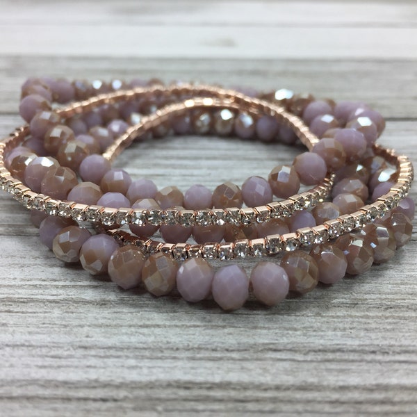 Beaded Stretch Bracelet - Layer Boho Stacking Bracelet - Wedding Bridal - Good Luck Charm Holiday Unique - Gift For Her Lilac Gold Taupe