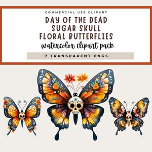 Aquarell Day of the Dead Sugar Skull Blumen Schmetterling Clipart, Aquarell Schädel Schmetterling mit Blumen, Diana los Muertos Digital Art, PNG