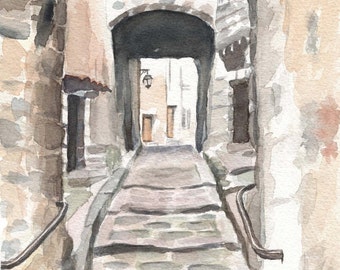 Medieval Village in Provence,  Watercolor Print