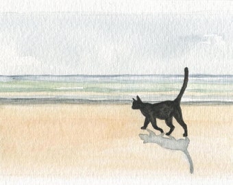 Cat and the Sea 2, Watercolor Print