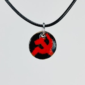 Handmade Brutalist Hammer & Sickle Charm Ceramic Pendant Necklace, 5/8” Dia