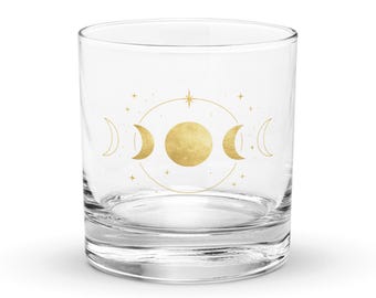 Gold Moon Phase Rocks Glass – Celestial Astrology Whiskey Barware (10.5 oz)