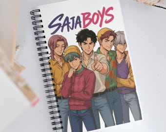 K-Pop Saja Boys Spiral Notebook, Illustrated Journal, 140 Dotted Pages, 5.5 x 8.5 Inch