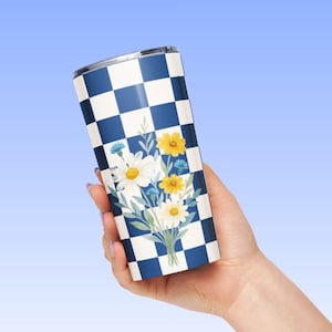 Blue Gingham Floral 20oz Tumbler – Stainless Steel, Double-Walled Vacuum Insulated Travel Cup, Cottagecore Farmhouse Drinkware